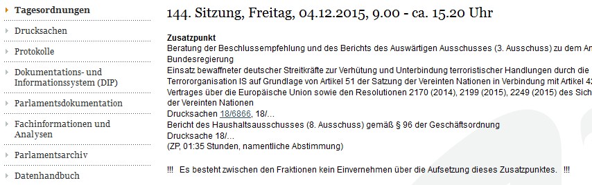 02.12.15: Tagesordnung Bundestag am 04.12.2015 "nicht im Einvernehmen" der Fraktionen erstellt